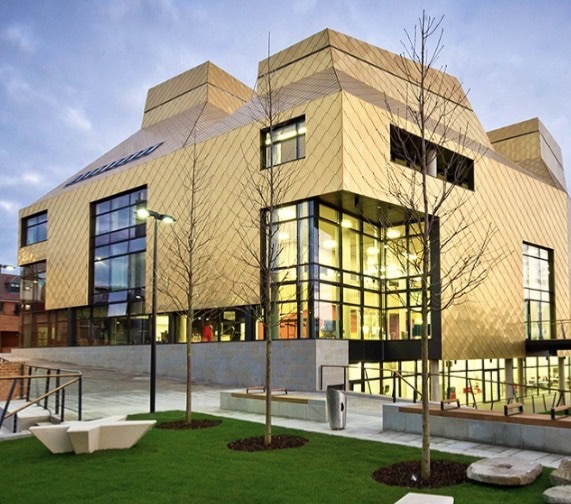 A picture taken of the Hive Library Building from the street.